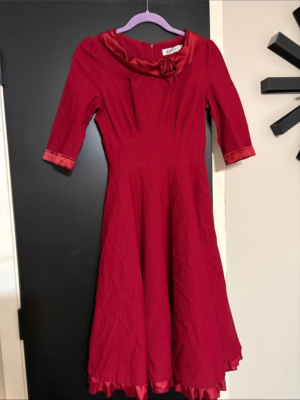 Red Fit-and-Flare Dress with Satin Trim, size M